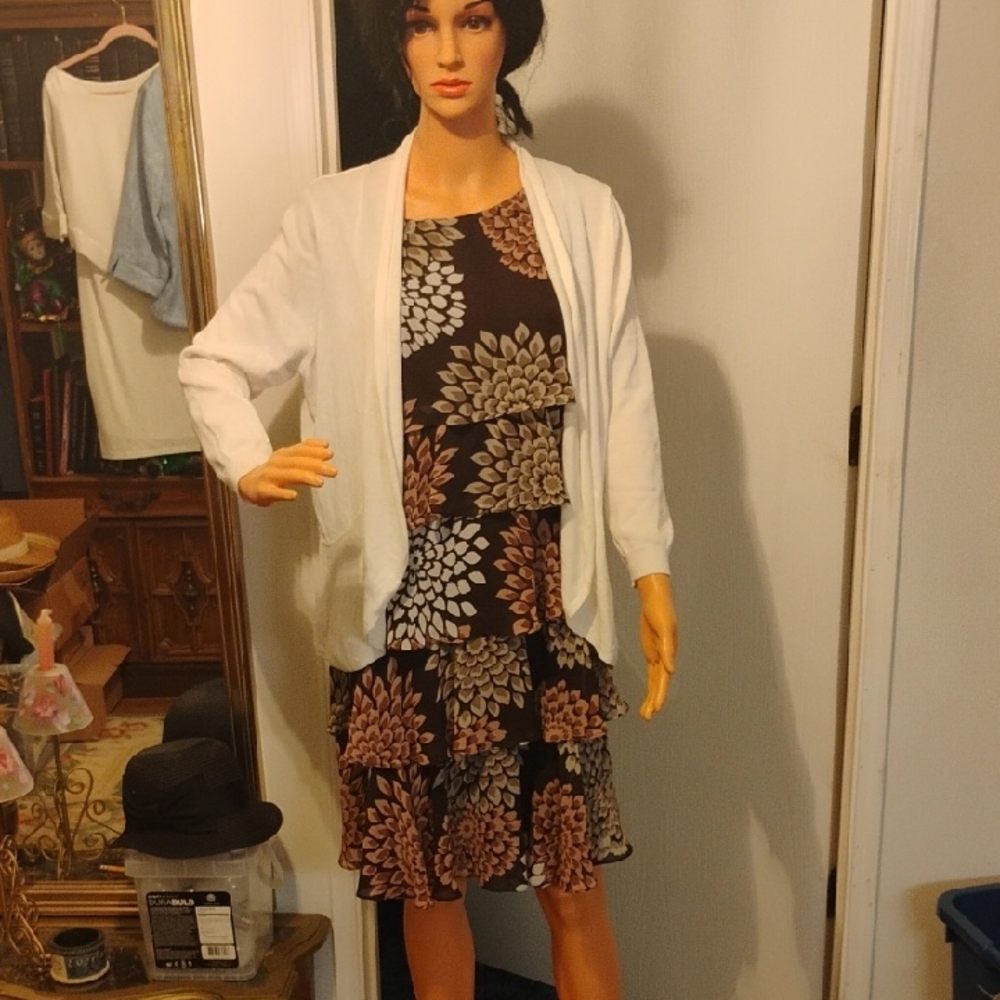 White Iman Cardigan with Floral Dress/ S.L. Fashions